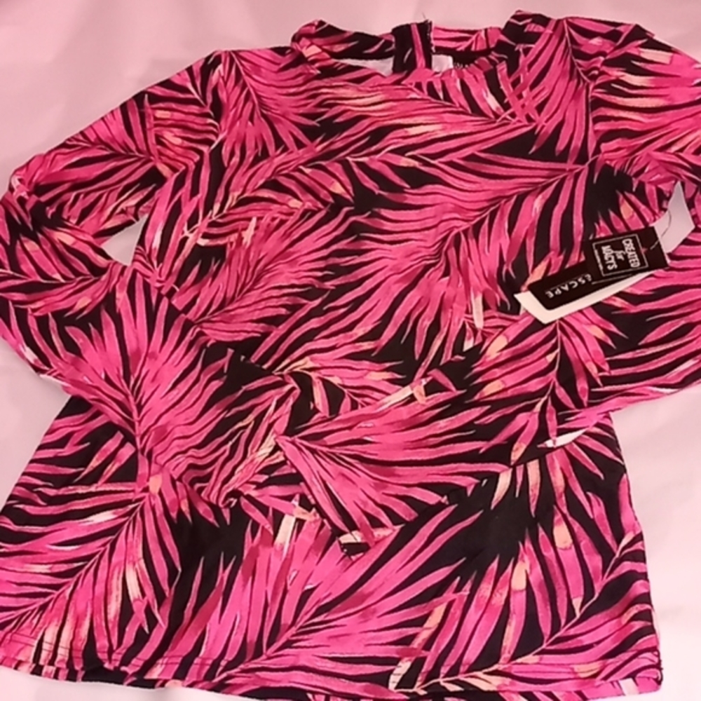 Island Escape Beach Bound Back-Zip Rashguard Leaf Print Pink Black S